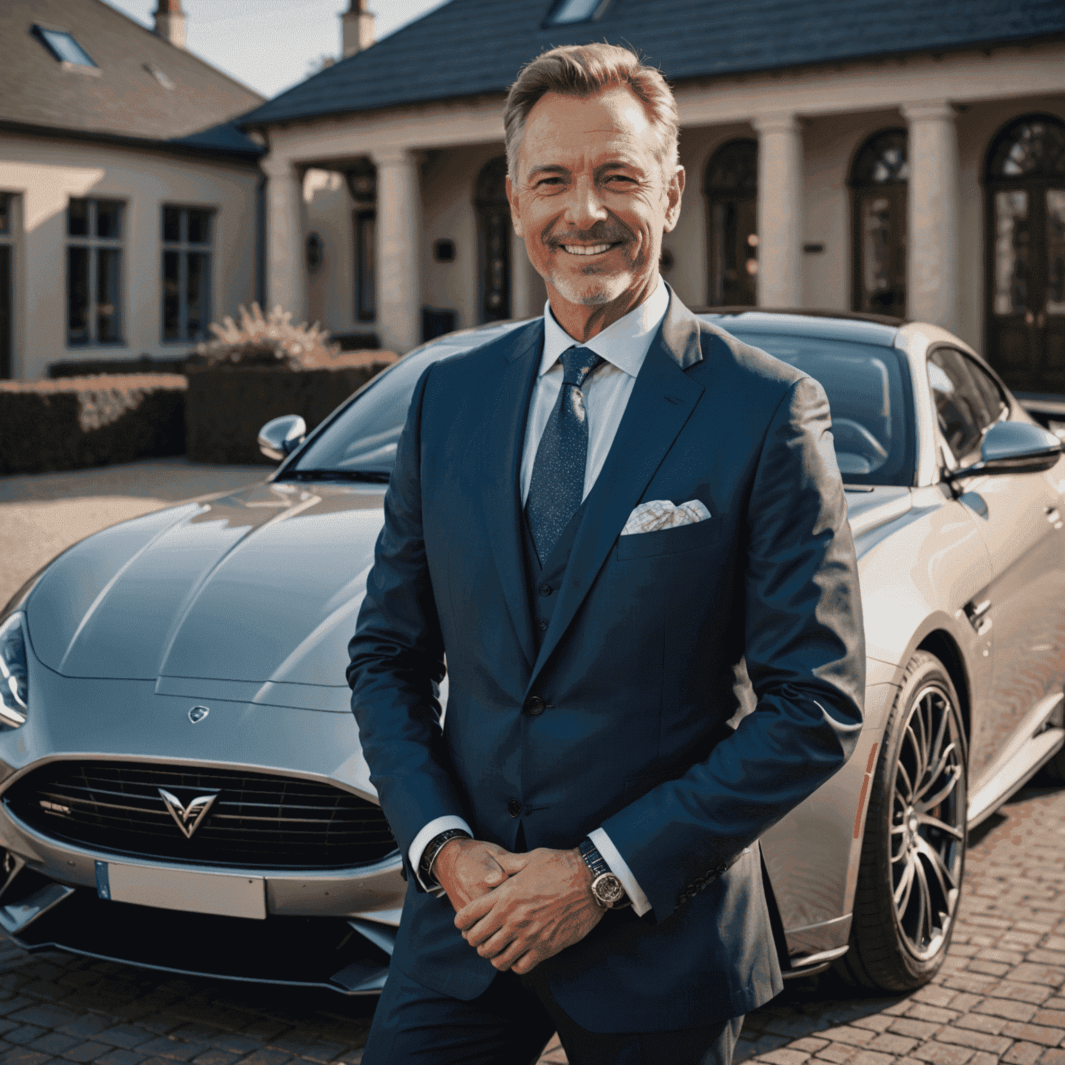 Portret van Jan de Vries, oprichter van VelocityAuto_NL, een man van middelbare leeftijd met een vriendelijke glimlach en een strak pak, staand voor een luxe sportwagen