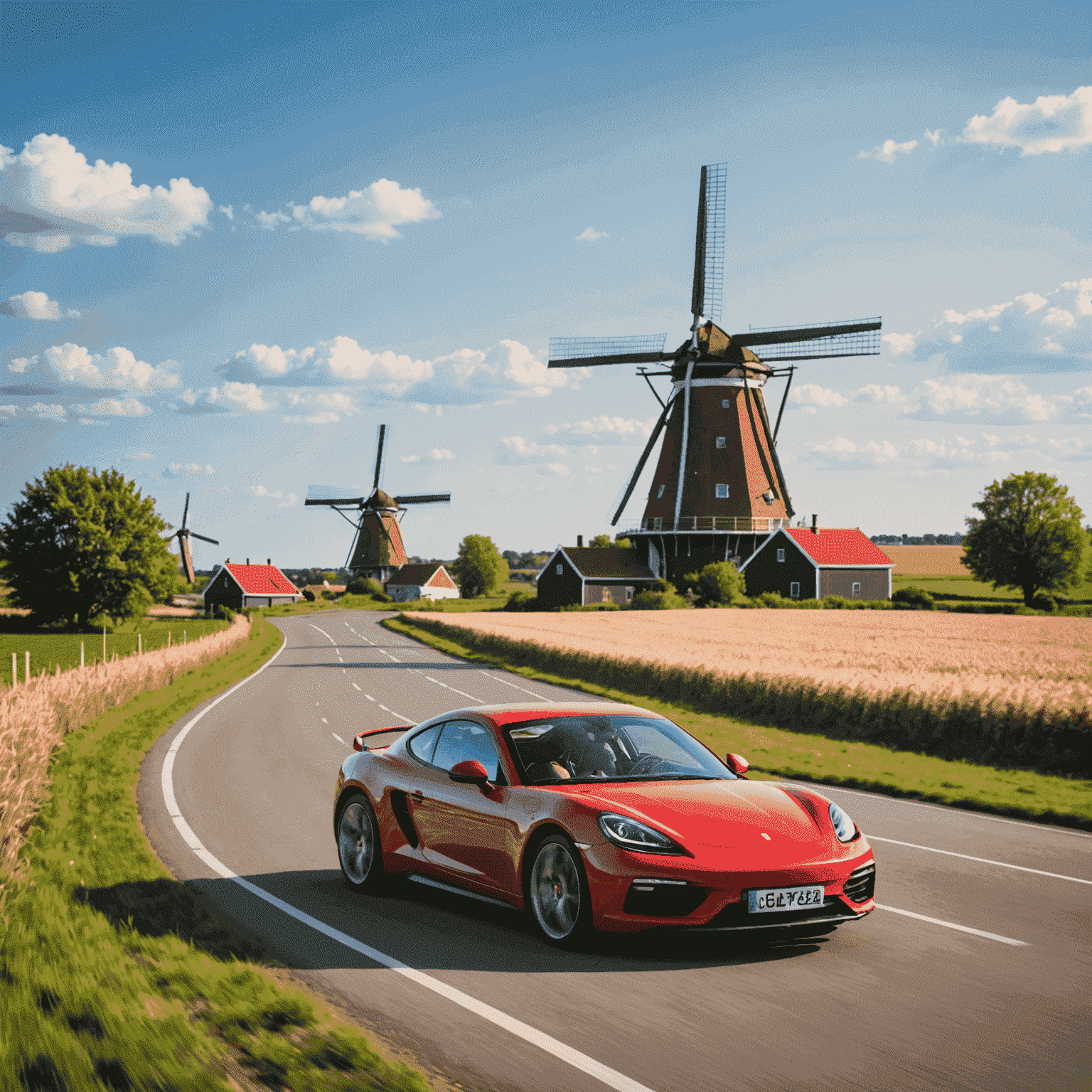 Een rode sportauto rijdend op een schilderachtige Nederlandse weg met windmolens op de achtergrond