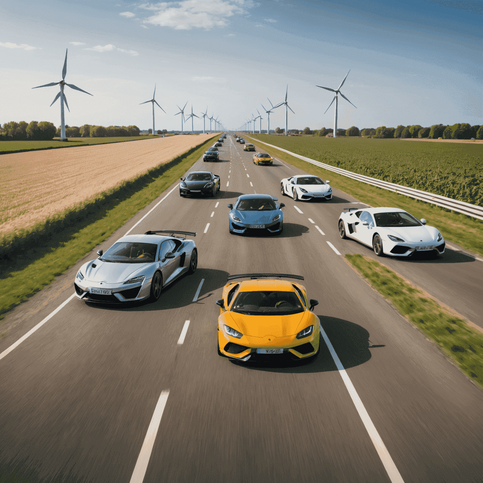 Vijf sportauto's rijdend op een typisch Nederlandse weg met windmolens op de achtergrond