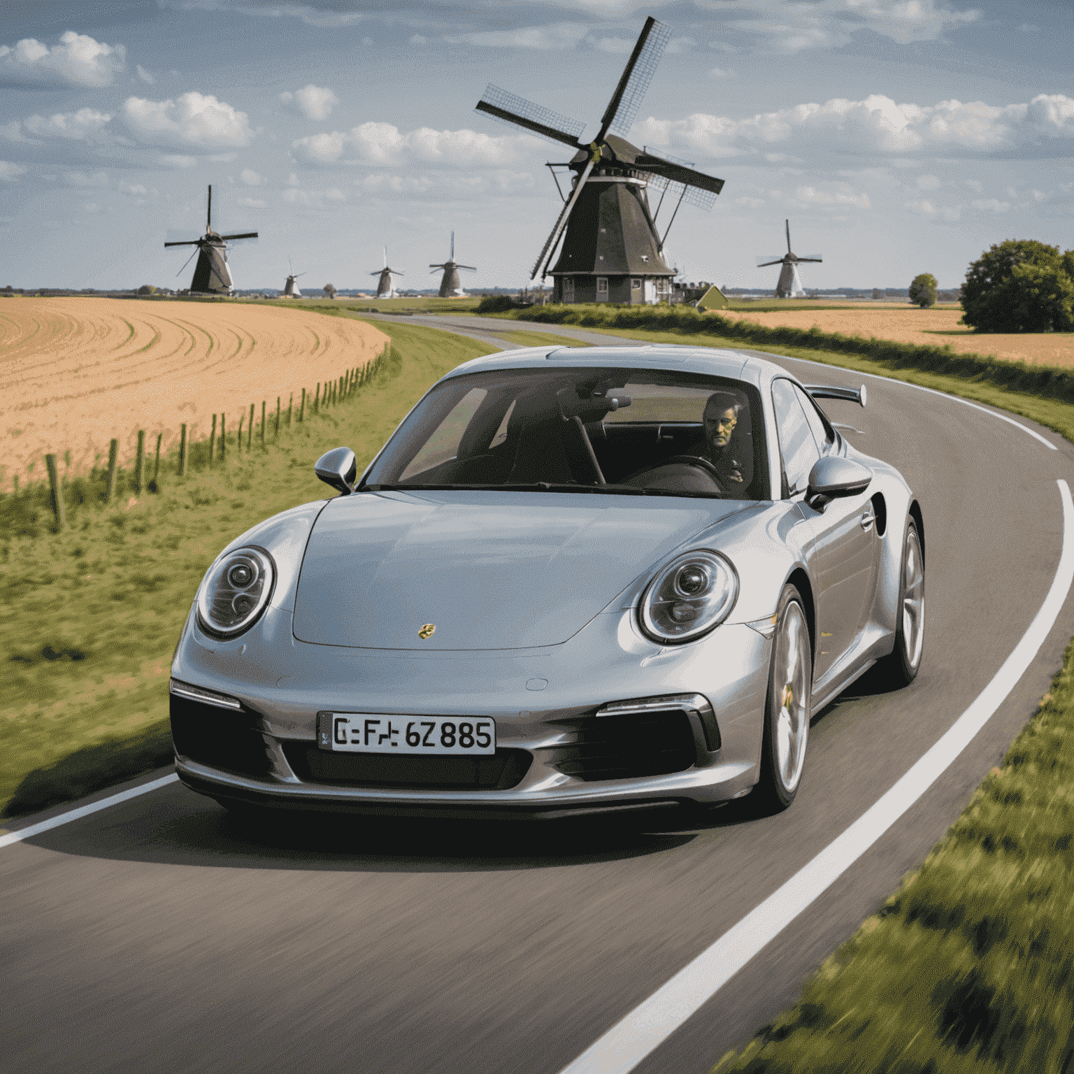Een zilvergrijze Porsche 911 Carrera 4S rijdend op een schilderachtige Nederlandse dijk met windmolens op de achtergrond