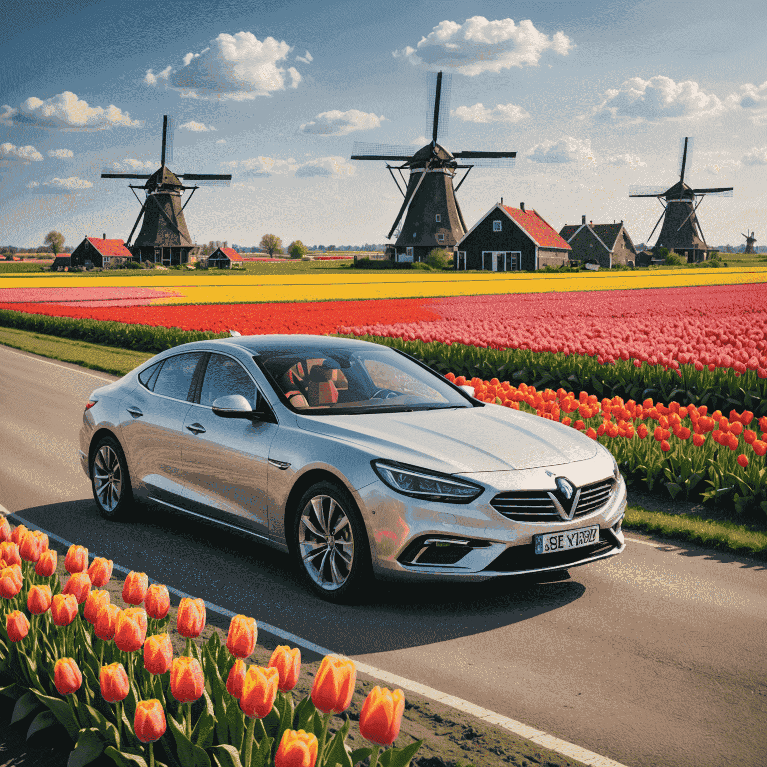 Een glanzende luxe auto geparkeerd voor een typisch Nederlands landschap met windmolens en tulpenvelden
