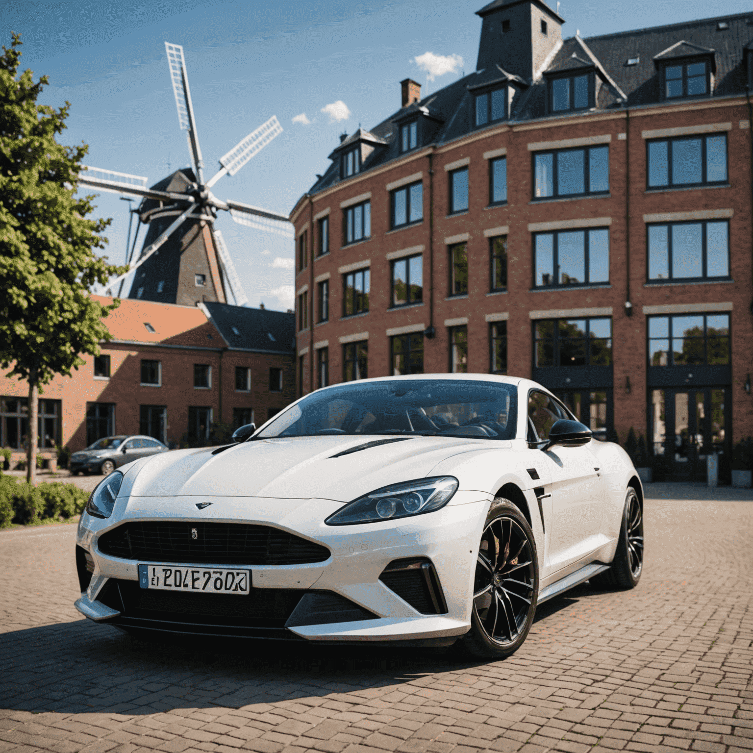 Een luxe sportwagen geparkeerd voor een modern Nederlands gebouw, met windmolens op de achtergrond