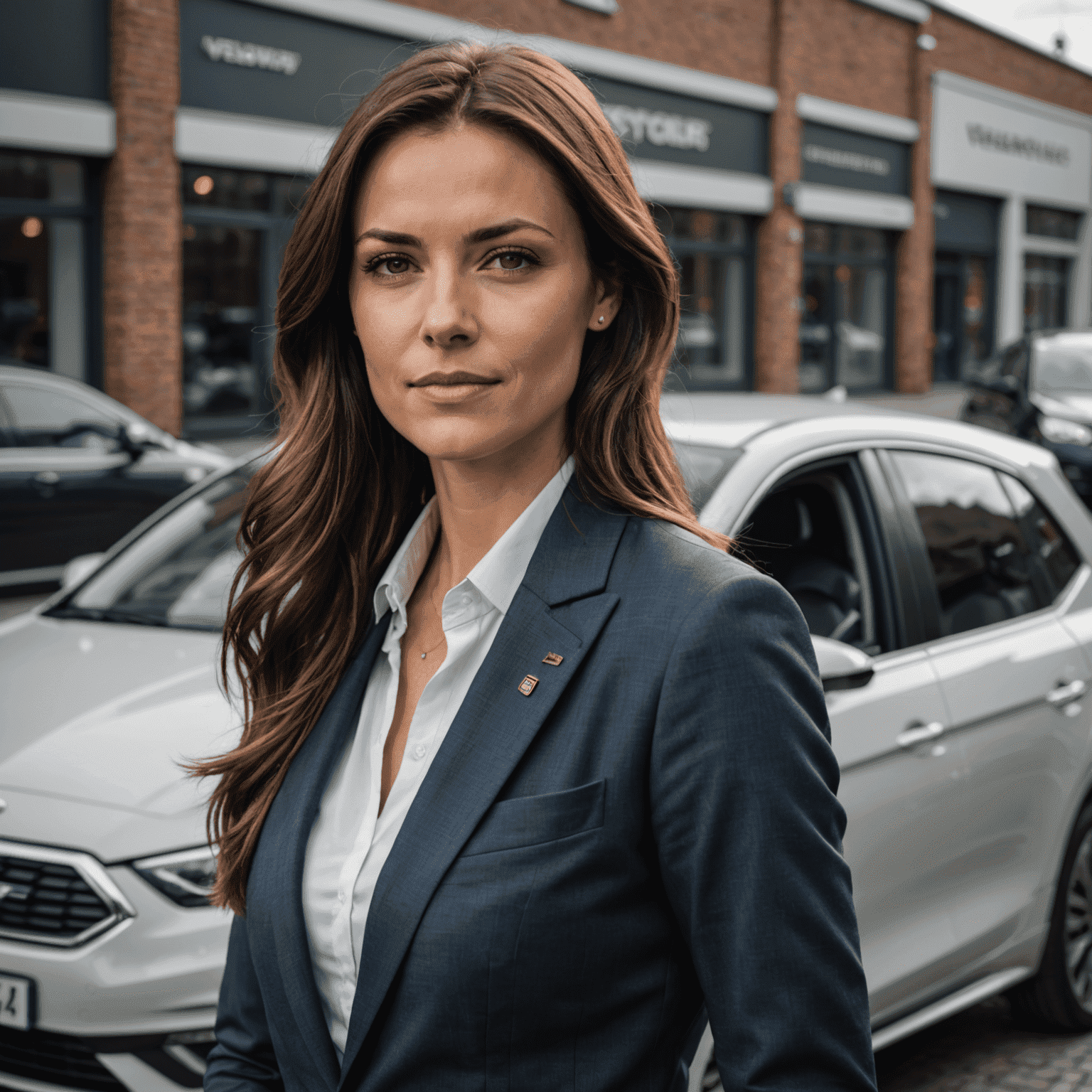 Portret van Lisa Bakker, hoofd verkoop bij VelocityAuto_NL, een jonge vrouw met lang donker haar en een professionele uitstraling, gekleed in een chique blazer