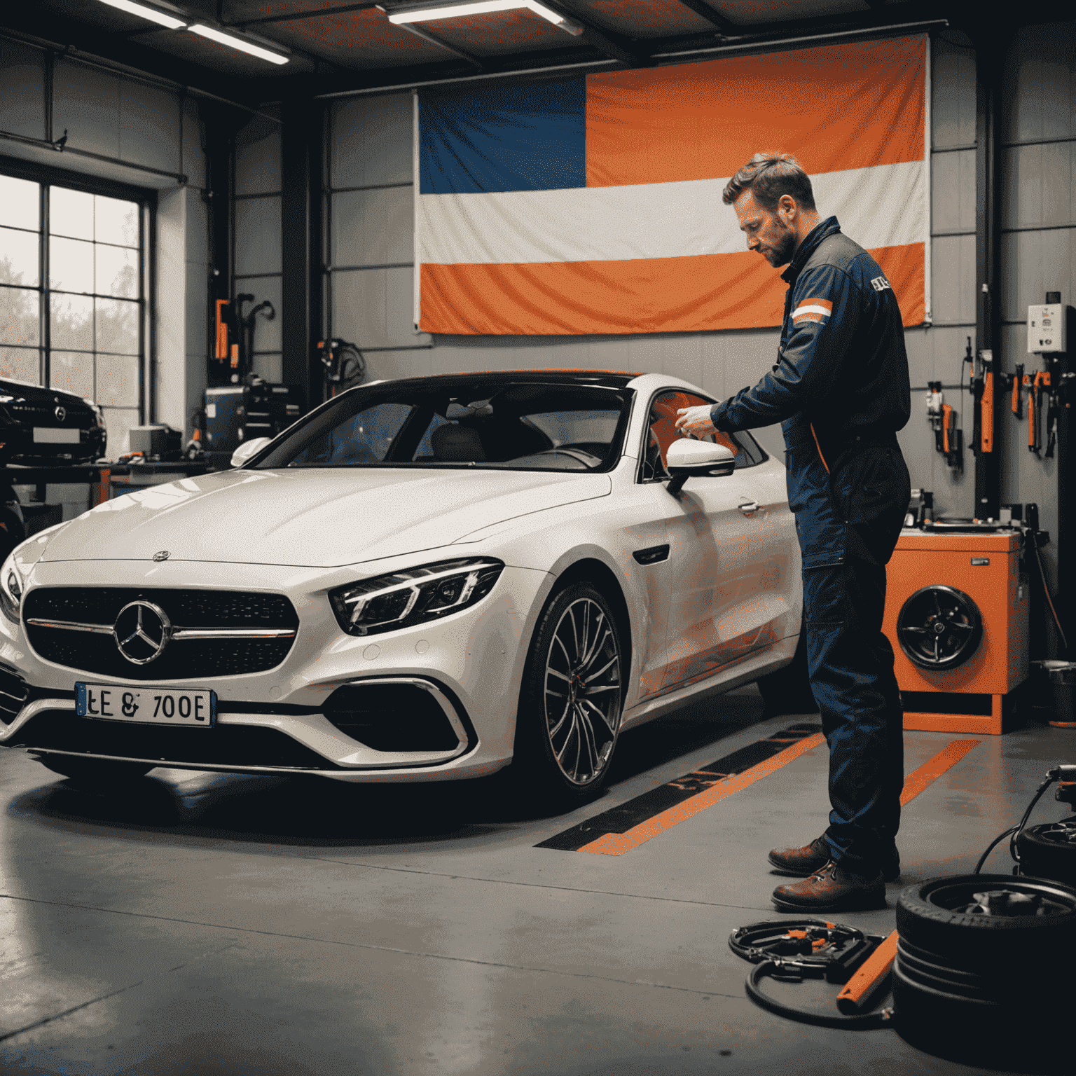 Een monteur die een luxe auto onderhoudt in een high-end garage met Nederlandse vlag op de achtergrond