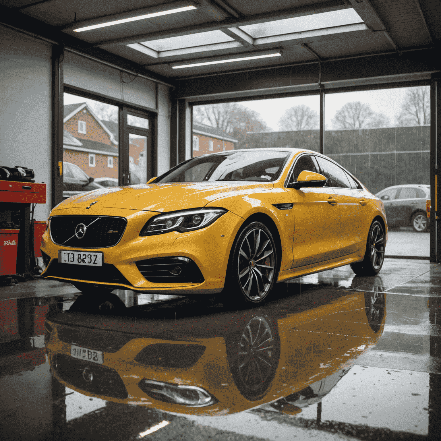 Een luxe auto wordt gewassen en gepoetst in een Nederlandse garage met regenachtige omgeving zichtbaar door de ramen