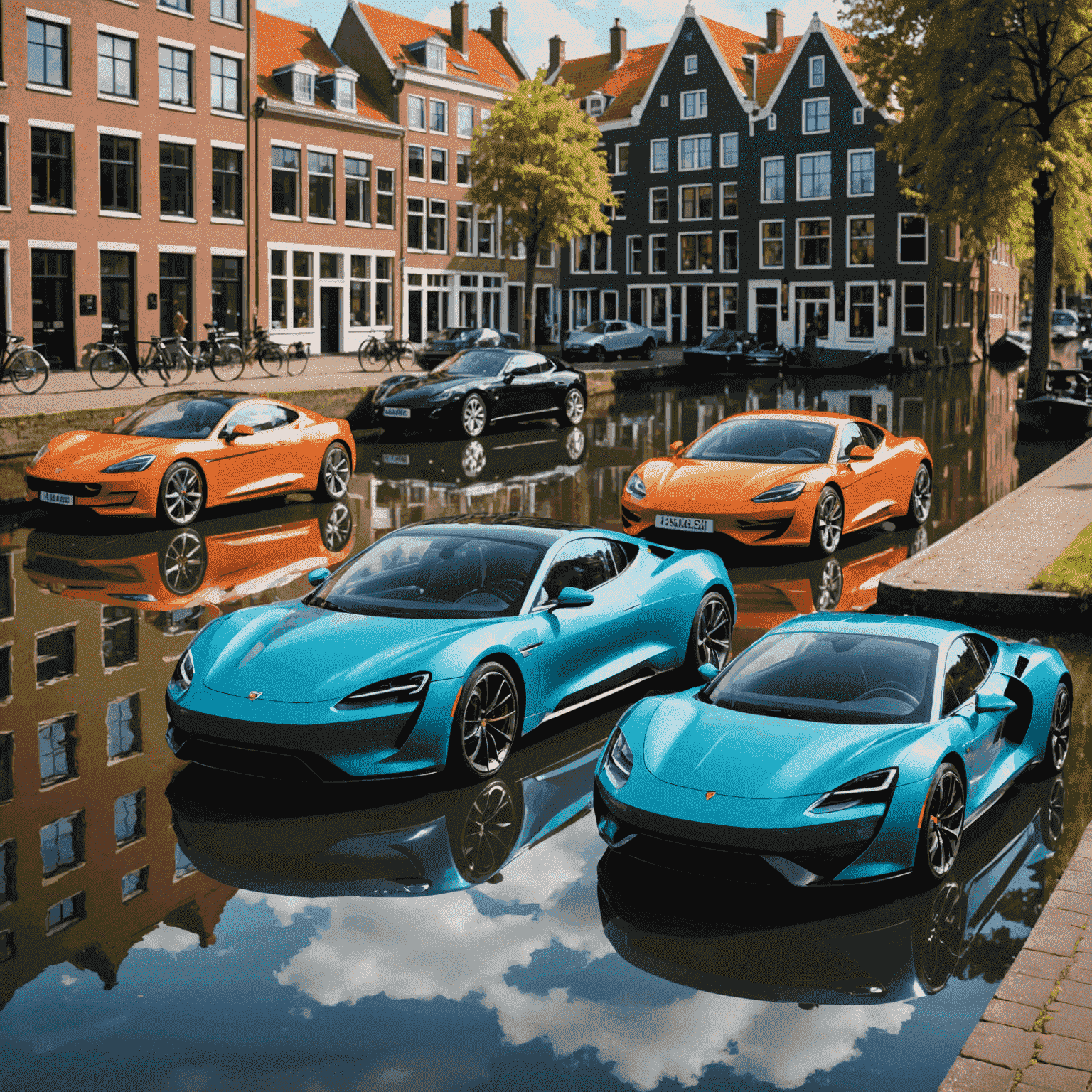 Een line-up van vier verschillende elektrische sportwagens, elk in een opvallende kleur, geparkeerd langs een Nederlandse gracht. De auto's weerspiegelen in het water, wat een prachtig contrast creëert tussen moderne technologie en historische architectuur.
