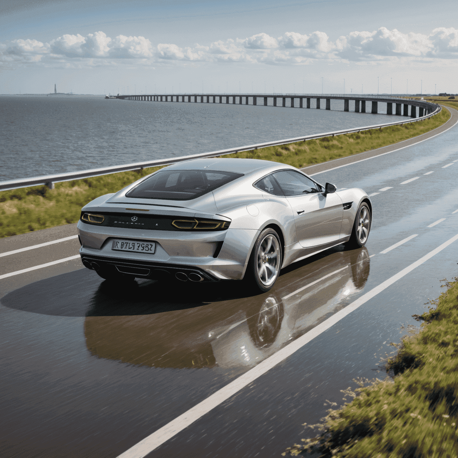 Een zilveren sportwagen rijdend over de Afsluitdijk met water aan beide zijden
