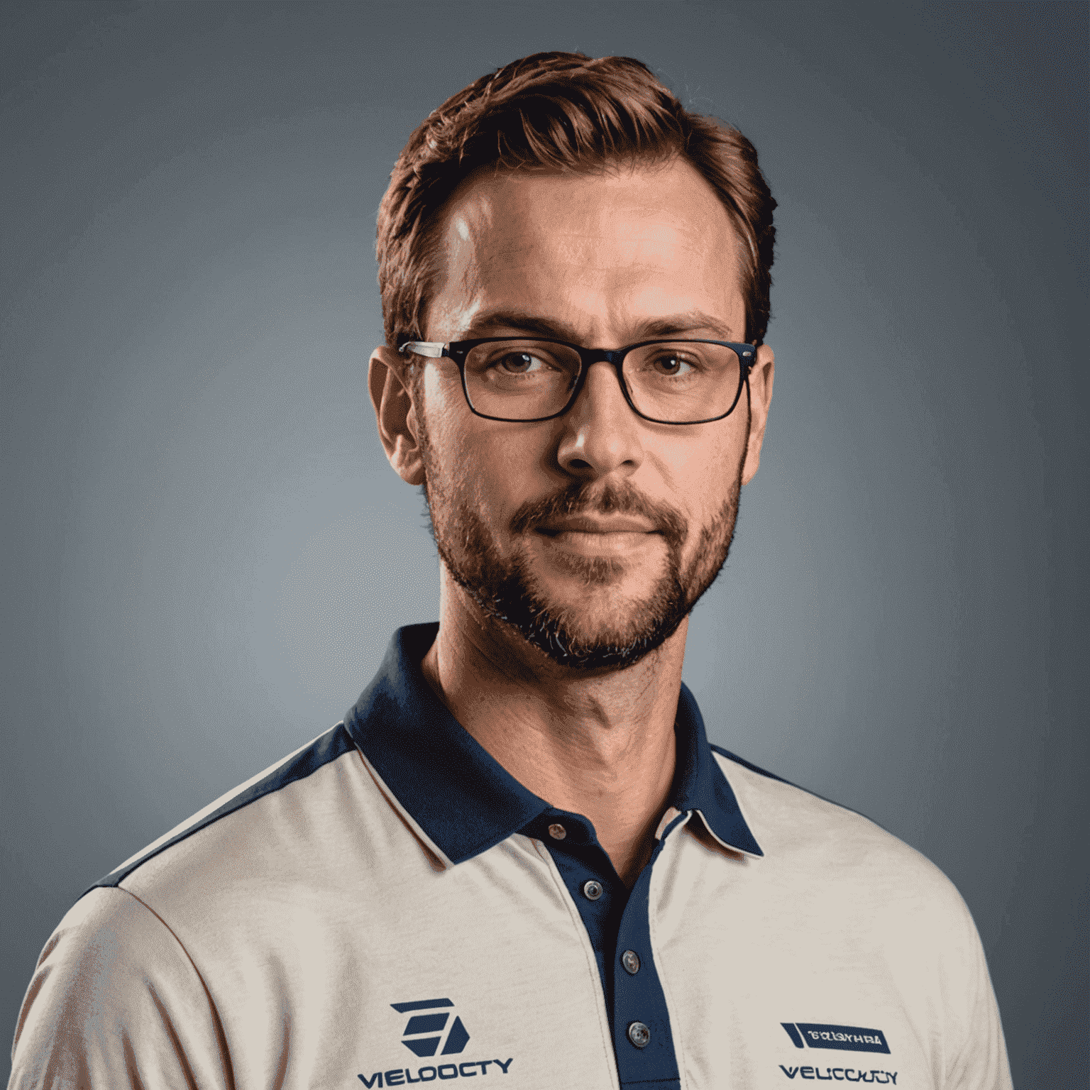Portret van Pieter van der Meer, technisch expert bij VelocityAuto_NL, een man met een bril en korte baard, gekleed in een nette polo shirt met het bedrijfslogo