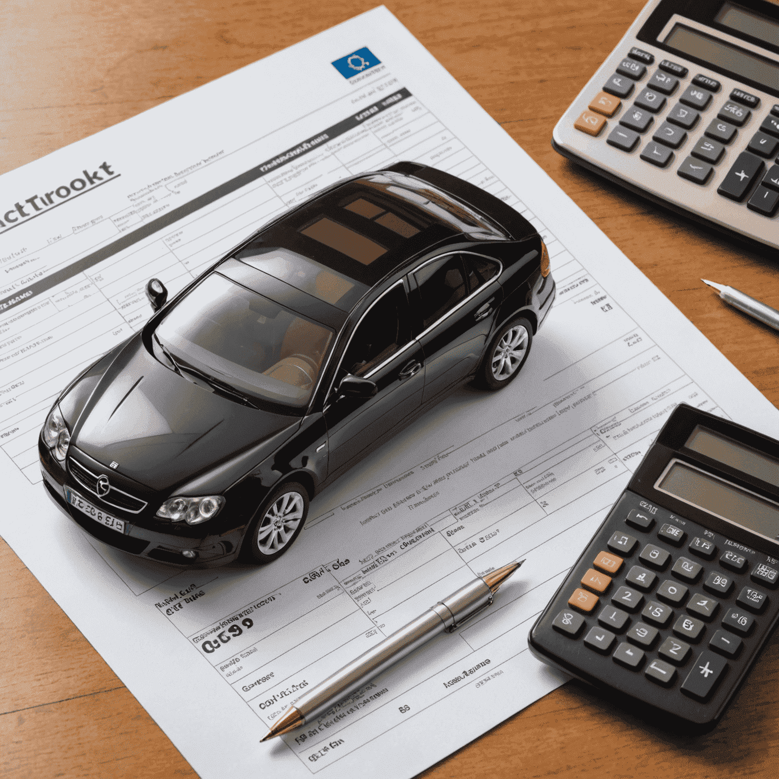 Een luxe auto naast een Nederlands belastingformulier en rekenmachine