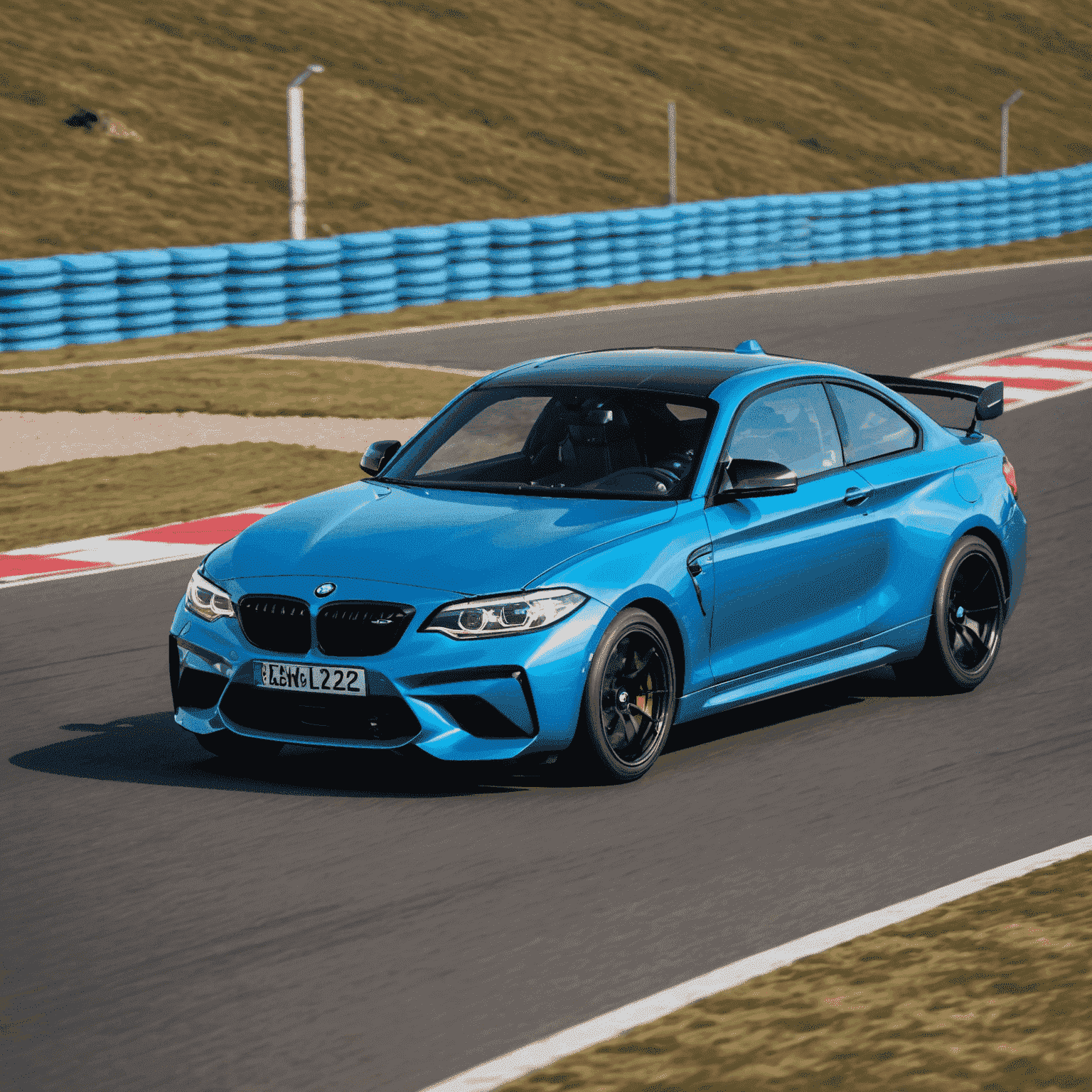 Een helderblauwe BMW M2 Competition die een scherpe bocht neemt op het Circuit Zandvoort