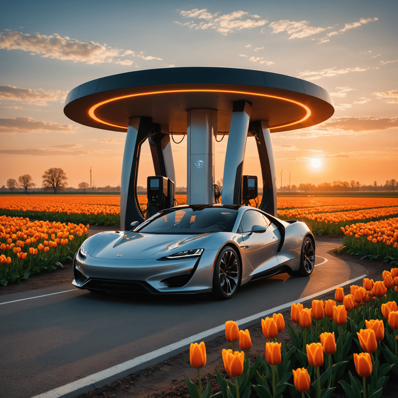 Een futuristisch ogende elektrische laadstation aan de rand van een Nederlands tulpenveld. Meerdere elektrische sportwagens staan opgeladen te worden, terwijl de zon ondergaat en een oranje gloed over het landschap werpt, wat de harmonie tussen technologie en natuur benadrukt.