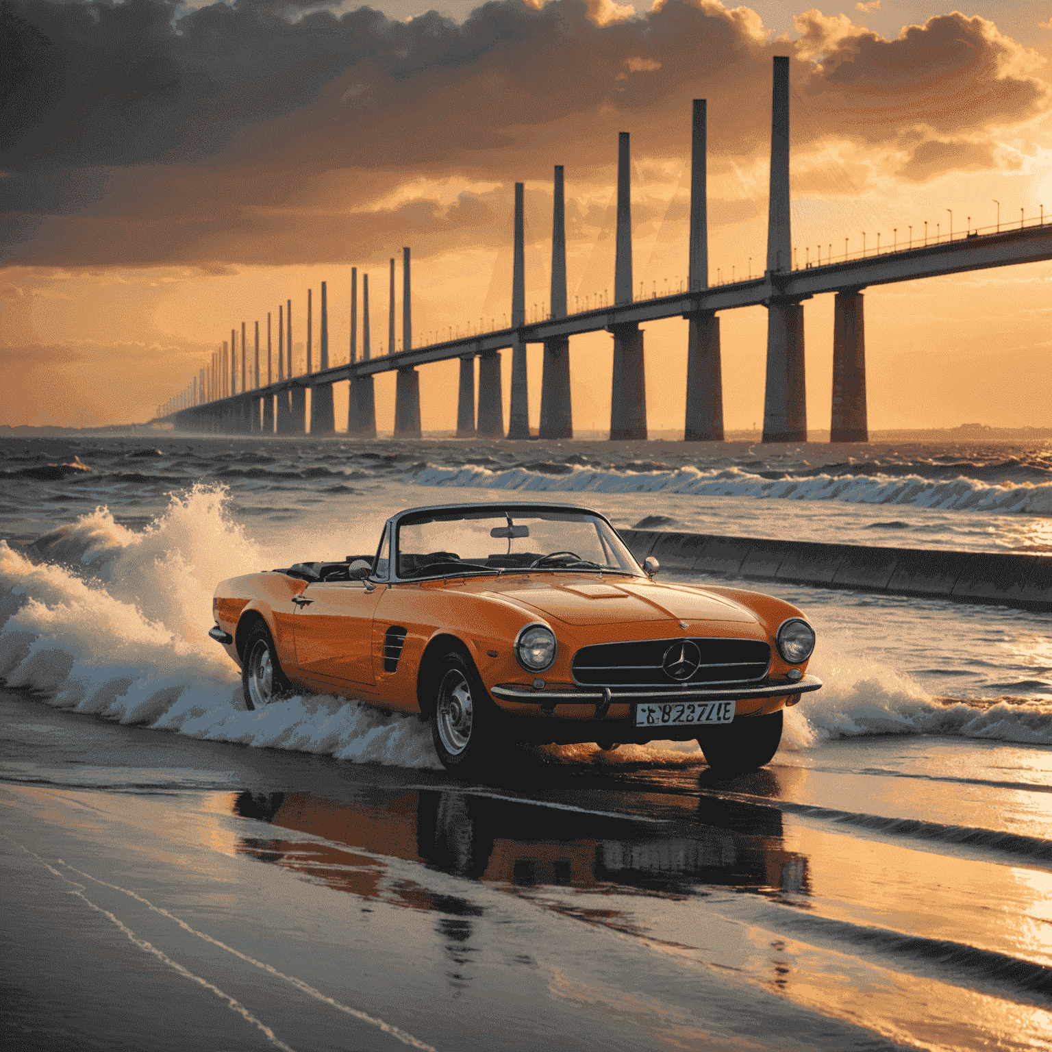 Een oranje cabriolet sportwagen rijdend over de Oosterscheldekering met zonsondergang op de achtergrond