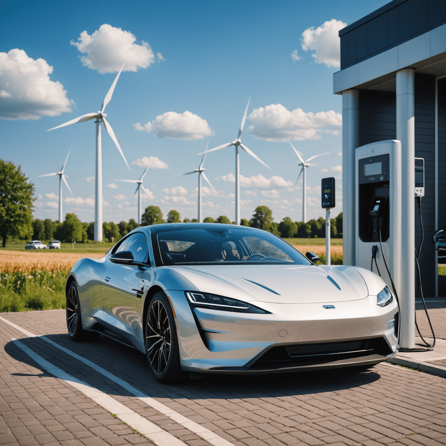 Een moderne elektrische sportauto die wordt opgeladen bij een Nederlands laadstation met windmolens op de achtergrond