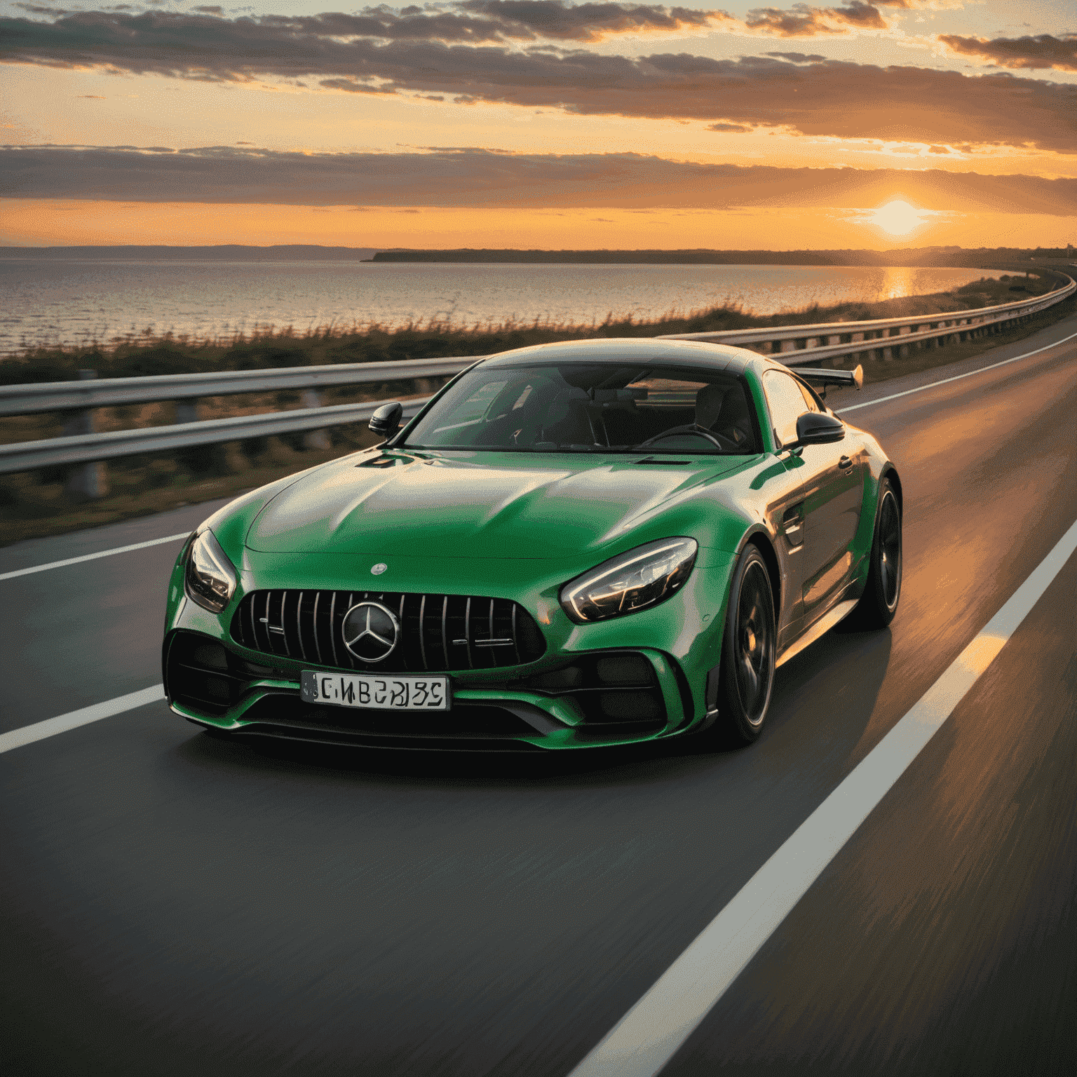 Een groene Mercedes-AMG GT R die over de Afsluitdijk rijdt met een dramatische zonsondergang op de achtergrond