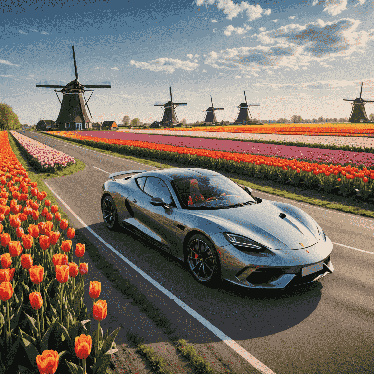 Een luxe sportauto rijdend op een schilderachtige Nederlandse weg langs tulpenvelden en windmolens