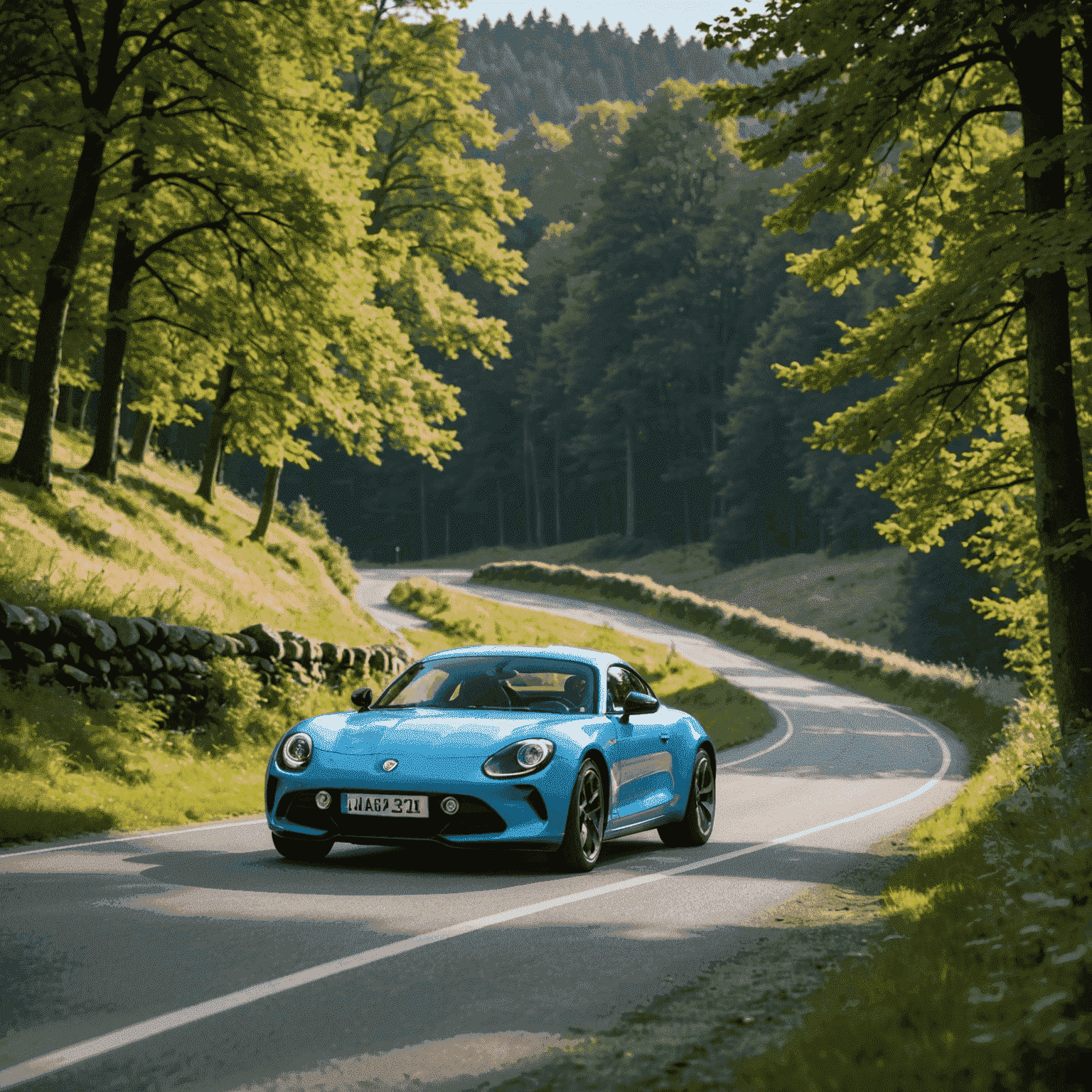 Een lichtblauwe Alpine A110 die sierlijk door de bochtige wegen van de Veluwe manoeuvreert